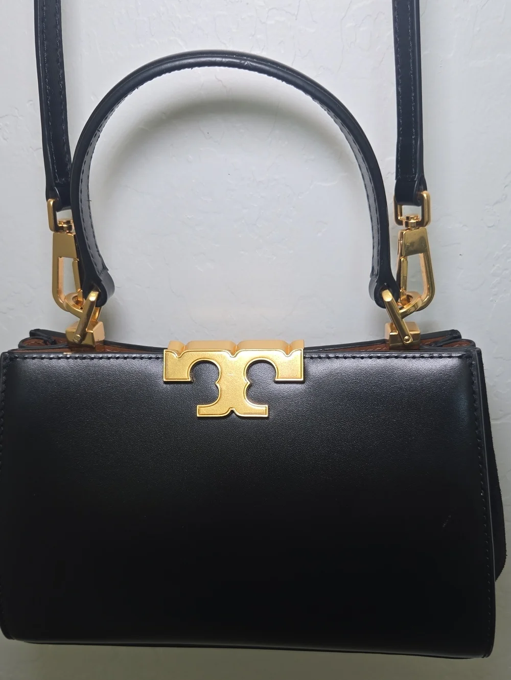 Tory Burch Mini Eleanor Satchel Bag Black Gold Toned Hardware Elegant Purse